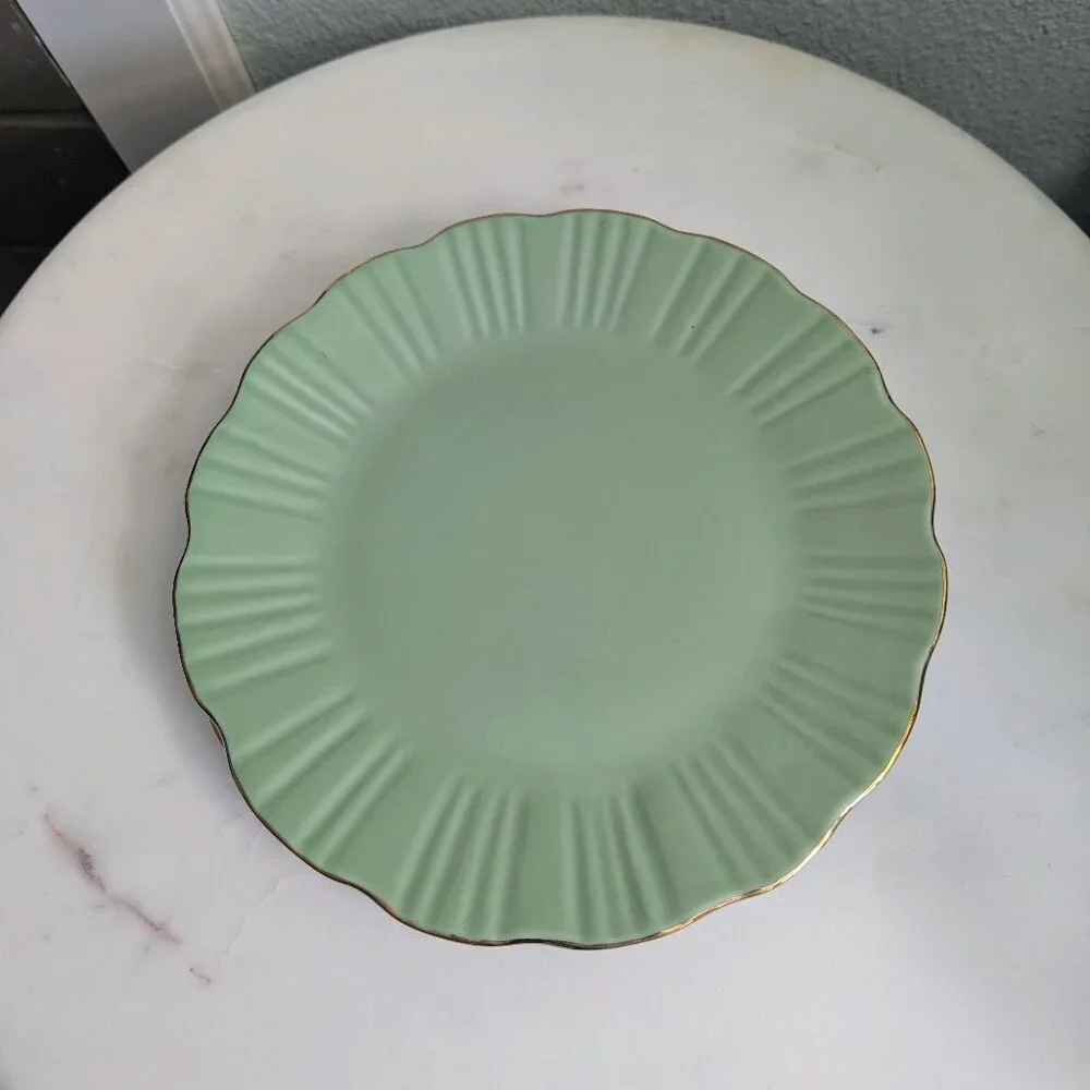Set of 2 Green and Gold Fluted Porcelain Cake Plates